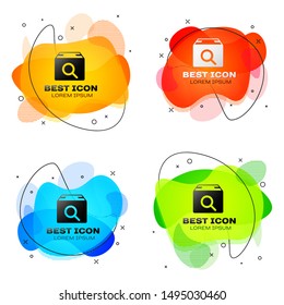 Black Search package icon isolated on white background. Parcel tracking symbol. Magnifying glass and cardboard box. Logistic and delivery. Set abstract banner with liquid shapes. Vector Illustration