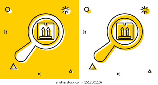 Black Search package icon isolated on yellow and white background. Parcel tracking symbol. Magnifying glass and cardboard box. Logistic and delivery. Random dynamic shapes. Vector Illustration
