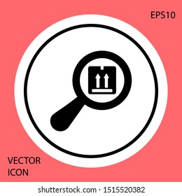 Black Search package icon isolated on red background. Parcel tracking symbol. Magnifying glass and cardboard box. Logistic and delivery. White circle button. Vector Illustration
