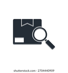 Black Search package icon isolated on white background. Parcel tracking. Magnifying glass and cardboard box. Logistic and delivery.  Vector