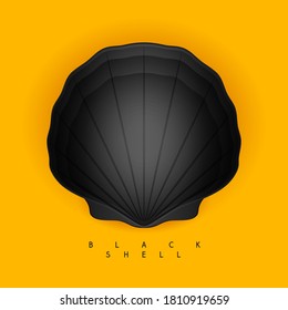 Black seashell isolated on orange background, travel and tourism concept, black Friday, vector illustration