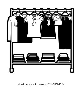 black sections silhouette of clothes rack with t-shirts and pants on hangers and fold clothes on bottom vector illustration