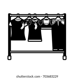 black sections silhouette of female clothes rack with t-shirts and pants on hangers vector illustration