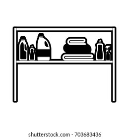 black sections silhouette of rack with clothing cleaning products and folded towels vector illustration