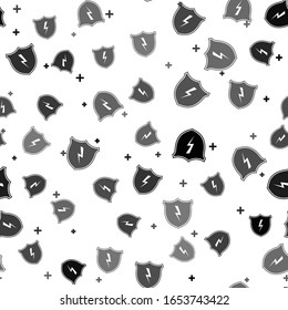 Black Secure shield with lightning icon isolated seamless pattern on white background. Security, safety, protection, privacy concept.  Vector Illustration