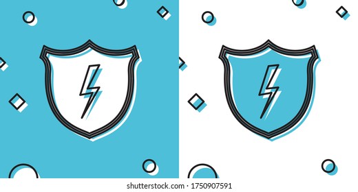 Black Secure shield with lightning icon isolated on blue and white background. Security, safety, protection, privacy concept. Random dynamic shapes. Vector Illustration