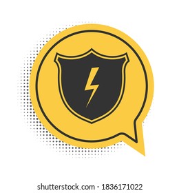 Black Secure shield with lightning icon isolated on white background. Security, safety, protection, privacy concept. Yellow speech bubble symbol. Vector.