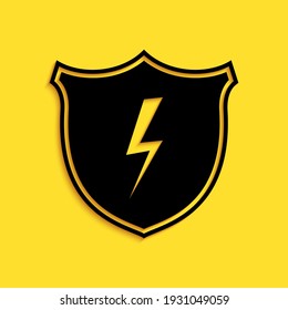 Black Secure shield with lightning icon isolated on yellow background. Security, safety, protection, privacy concept. Long shadow style. Vector