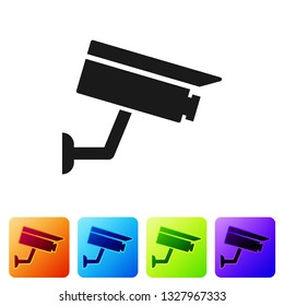 Black Security camera icon isolated on white background. Set icon in color square buttons. Vector Illustration