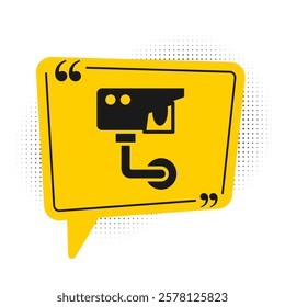Black Security camera icon isolated on white background. Yellow speech bubble symbol. Vector
