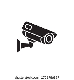 A black security camera icon with a sleek design, mounted on a bracket, against a clean white background for clear visibility