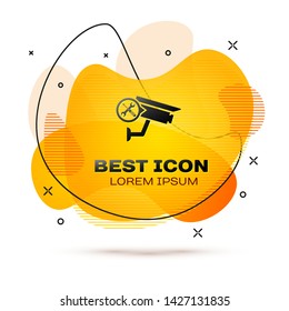 Black Security camera with screwdriver and wrench icon isolated on white background. Adjusting, service, setting, maintenance, repair, fixing. Fluid color banner. Vector Illustration