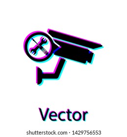 Black Security camera with screwdriver and wrench icon isolated on white background.  