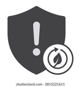 A black security shield icon featuring a warning exclamation mark and a separate leaf recycling symbol. Represents safety, protection, environmental awareness, and caution.
