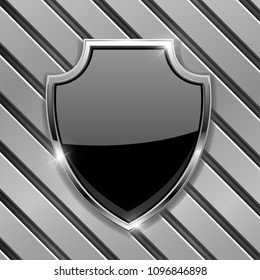 Black security shield sign. On metal background. Vector illustration