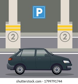 black sedan car in the parking zone vector illustration design