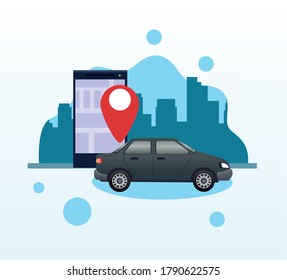 black sedan car with smartphone and gps application vector illustration design