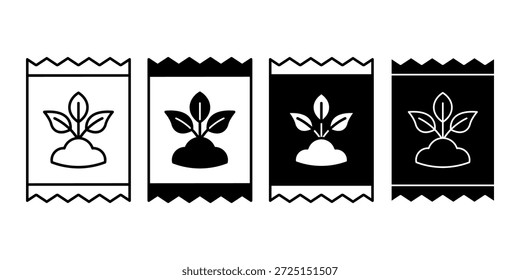 Paquete de icono de paquete de semillas negras que simboliza la siembra y la preparación de jardinería. Ideal para imágenes de agricultura, temas ecológicos e ilustraciones de crecimiento de plantas.