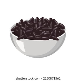 Black seeds in peel in metal bowl. Fatty healthy food, delicious snacks, cooking nuts. Vector flat illustration