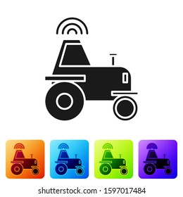 Black Self driving wireless tractor on a smart farm icon isolated on white background. Smart agriculture implement element. Set icons in color square buttons. Vector Illustration