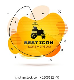 Black Self driving wireless tractor on a smart farm icon isolated on white background. Smart agriculture implement element. Abstract banner with liquid shapes. Vector Illustration