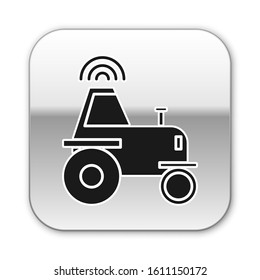 Black Self driving wireless tractor on a smart farm icon isolated on white background. Smart agriculture implement element. Silver square button. Vector Illustration