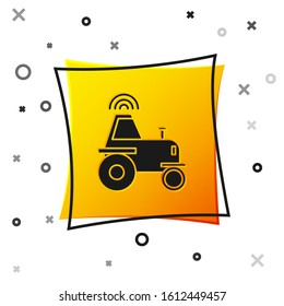 Black Self driving wireless tractor on a smart farm icon isolated on white background. Smart agriculture implement element. Yellow square button. Vector Illustration