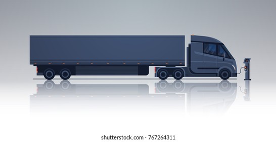 Black Semi Truck Trailer Charging At Electic Charger Station Horizontal Banner Vector Illustration