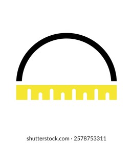 A black semicircle and yellow ruler on a white backdrop