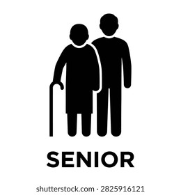 Black senior icon featuring an elderly couple, one using a walking stick. Ideal for signage, healthcare, and retirement concepts. Clean and simple design.