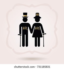 Black senior Mr and Mrs couple symbol icons with hats and walking stick on pink background