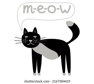 Black serious cat with a mustache meows. Cute and fat. Vector cartoon illustration isolated on a white background.