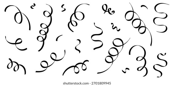 Elementos de serpentina preta e fitas curling. Decoração de confete festivo para festa, celebração, aniversário, Ano Novo e projetos de design de Natal