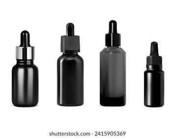 Schwarze Serumflasche. Tropfflasche aus der Pipette aufziehen. Aroma-Öl-Pipettenjar einzeln auf weißem Hintergrund. Kosmetischer Kollagenkolben, Vektordesign. Serum-Essenz-Container-Modell