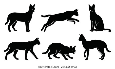 Black serval silhouettes, feline vector graphics on a white background