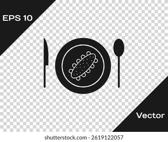 Black Served cucumber on a plate icon isolated on transparent background. Marine food.  Vector