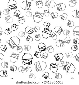 Black Served fish on a bowl icon isolated seamless pattern on white background.  Vector