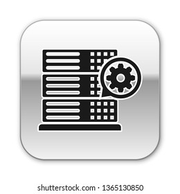 Black Server and gear icon isolated on white background. Adjusting app, service concept, setting options, maintenance, repair, fixing. Silver square button. Vector Illustration