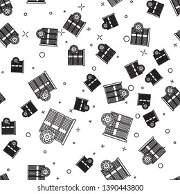Black Server and gear icon isolated seamless pattern on white background. Adjusting app, service concept, setting options, maintenance, repair, fixing. Vector Illustration