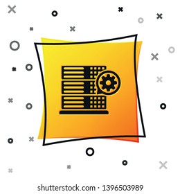Black Server and gear icon isolated on white background. Adjusting app, service concept, setting options, maintenance, repair, fixing. Yellow square button. Vector Illustration