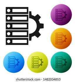 Black Server and gear icon isolated on white background. Adjusting app, service concept, setting options, maintenance, repair, fixing. Set icons colorful circle buttons. Vector Illustration
