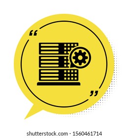 Black Server and gear icon isolated on white background. Adjusting app, service concept, setting options, maintenance, repair, fixing. Yellow speech bubble symbol. Vector Illustration