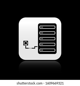 Black Server icon isolated on black background. Adjusting app, service concept, setting options, maintenance, repair, fixing. Silver square button. Vector Illustration