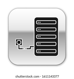 Black Server icon isolated on white background. Adjusting app, service concept, setting options, maintenance, repair, fixing. Silver square button. Vector Illustration