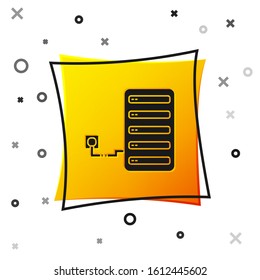 Black Server icon isolated on white background. Adjusting app, service concept, setting options, maintenance, repair, fixing. Yellow square button. Vector Illustration