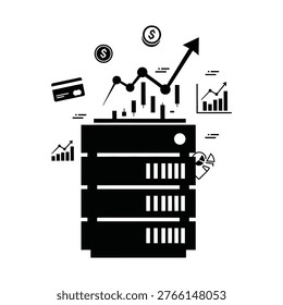 A black server rack with data charts and rising graphs, illustrating analytics and digital infrastructure.