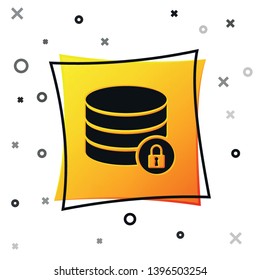 Black Server security with closed padlock icon isolated on white background. Database and lock. Security, safety, protection concept. Yellow square button. Vector Illustration