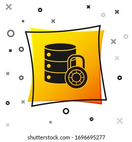 Black Server security with closed padlock icon isolated on white background. Security, safety, protection concept. Yellow square button. Vector Illustration