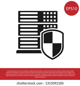 Black Server with shield icon isolated on white background. Protection against attacks. Network firewall, router, switch or server, data, center. Vector Illustration