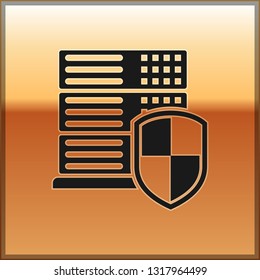 Black Server with shield icon isolated on gold background. Protection against attacks. Network firewall, router, switch or server, data, center. Vector Illustration